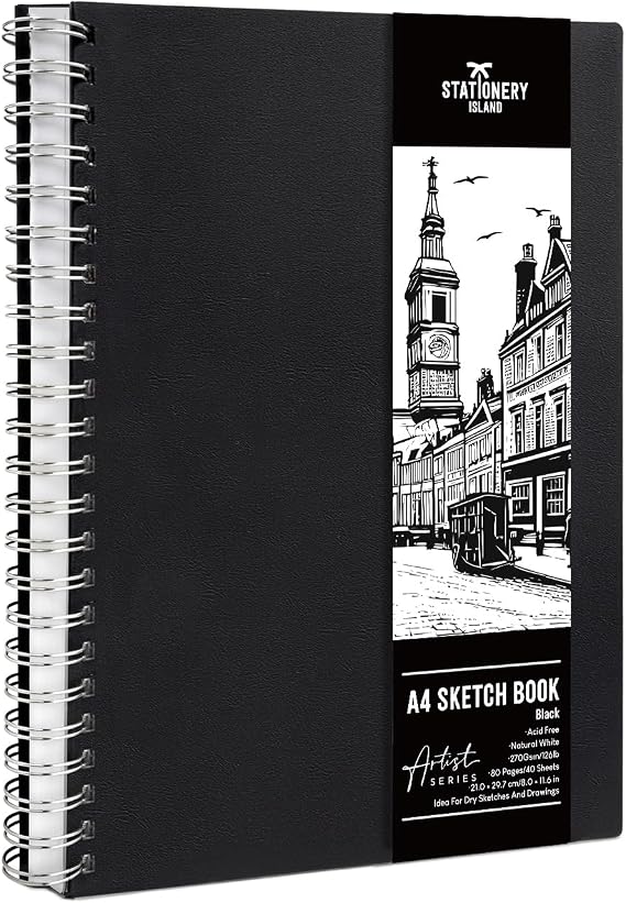 Stationery Island Sketch Book A4 270 g/m² 40 Sheets Premium Paper Sketch Pad Spiral Bound Drawing Book for Artists & Designers