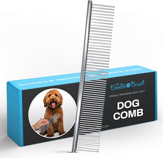 The Doodle Brush Metal Dog Combs for Grooming Matting, Finishing Comb | Large Stainless Steel Dog Grooming Comb, Removes Knots, Tangles, Mats, Poodles, Labradoodle, Cockapoo Pet Combs, Gentle Care