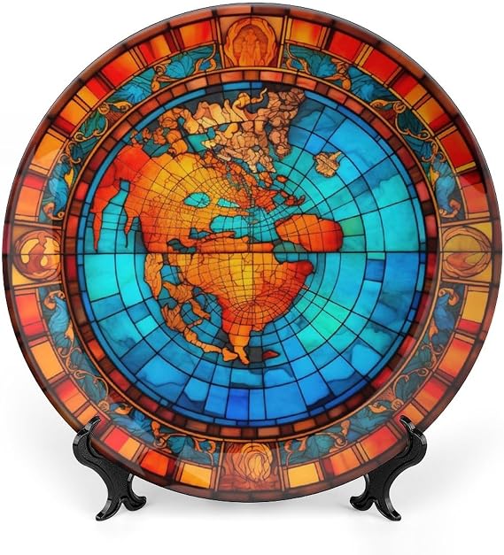 Decorative Plates for Wall Hanging, Vintage Globe Map Stained Glass Design Ceramic Plate w/ Display Stand, Home Decor for Kitchen Cabinets, Round Tray 10 Inch, Gift for Adventure Lover Wanderlust