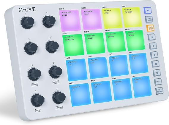 M-VAVE SK12 SMC-PAD MIDI Controller with 16 Drum Pads, 8 Assignable Knobs, Note Repeat, Rechargeable Battery, White