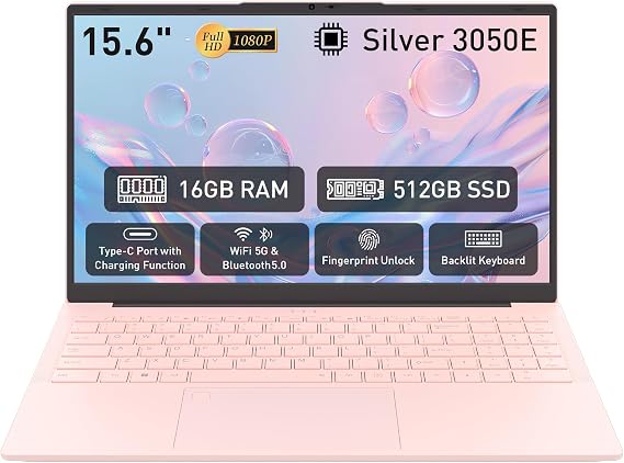Auusda 15.6" FHD Laptop for Work, Student and Entertainment, 16GB Dual RAM 512GB SSD, Full Function USB Type C/HDMI/Backlit Keyboard/Fingerprint/USB 3.0, Win 11 Pro, Dual Core 4T Processor, Pink