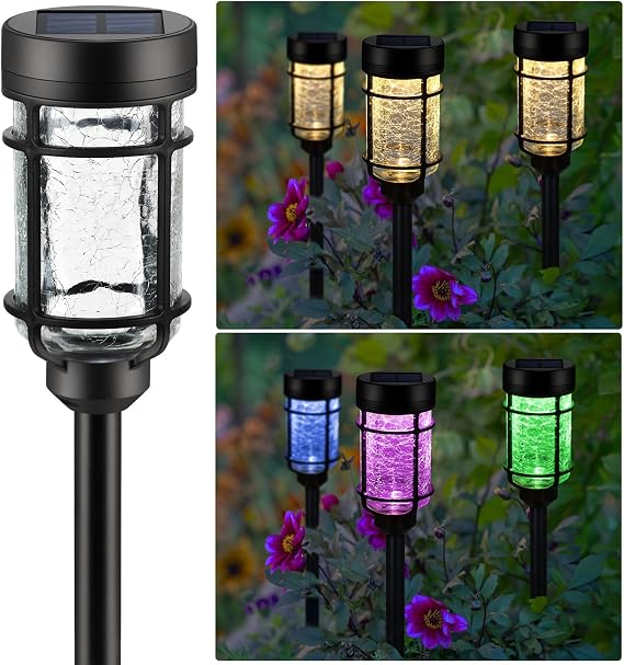 SUNNYPARK Solar Garden Lights Outdoor, 8 PK Dual Mode Color Changing & Warm White Crackle Glass Waterproof Pathway Lights for Outside, Yard, Walkway, Driveway, Lawn - Warm White