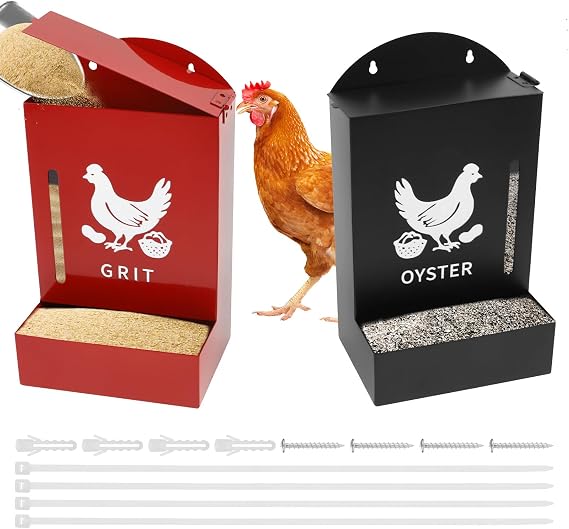 2Pack Chicken Feeder, No Waste Design, Automatic Gravity-Fed Metal Poultry Food Dispenser with Rain Cover for Ducks Pigeons,Outdoor Hanging Chicken Oyster Shell and Grit Feeder