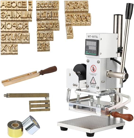 Foil Press Hot Stamp Machine, Manual Stamping Machine, 110 V, Typography Machine, Hot Stamp, Sequestering, Foil Stamping, Leather Craft Tool, Handmade, Temperature Adjustment, For Leather Working, DIY, Original Wood, PU, Leather, etc., Package 3