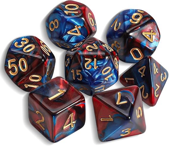 QMAY DND Dice - 7 Pcs Polyhedral Dice Set for D&D (Blue Mixed Red)