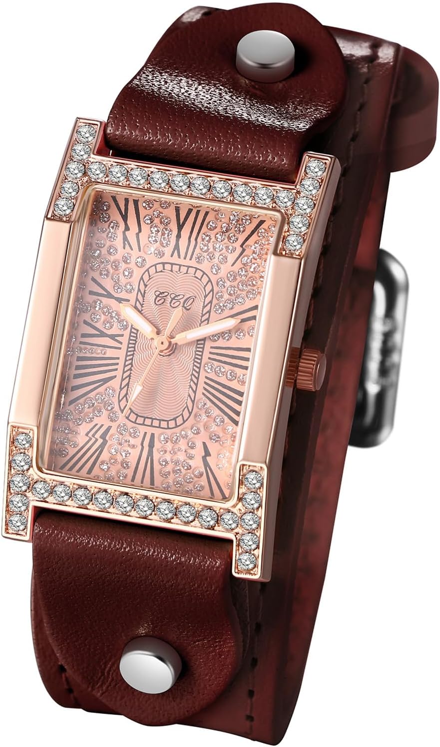 Silverora Watches Womens Leather Diamond: Steampunk Rectangular Diamond Cuff Analog Quartz Womens Watches with Roman Digit Scale Shiny Zircon Wrist Watch with Leather Bracelet Gifts for Women Pink