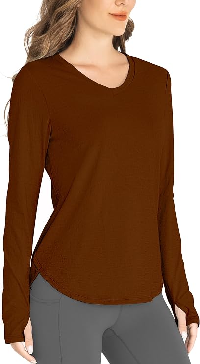 Hiverlay Long Sleeve Workout Shirts for Women with Thumbhole UPF 50+ | Sun Shirts SPF UV Protection Shirt,V Neck Rash Guard ,Lightweight Quick Dry Hiking Tops,High Side Slit Running Loose Casual