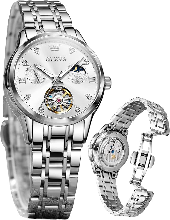 OLEVS Automatic Women Watches Diamond Tourbillon Dress Wrist Watches Moon Phase Waterproof Luminous