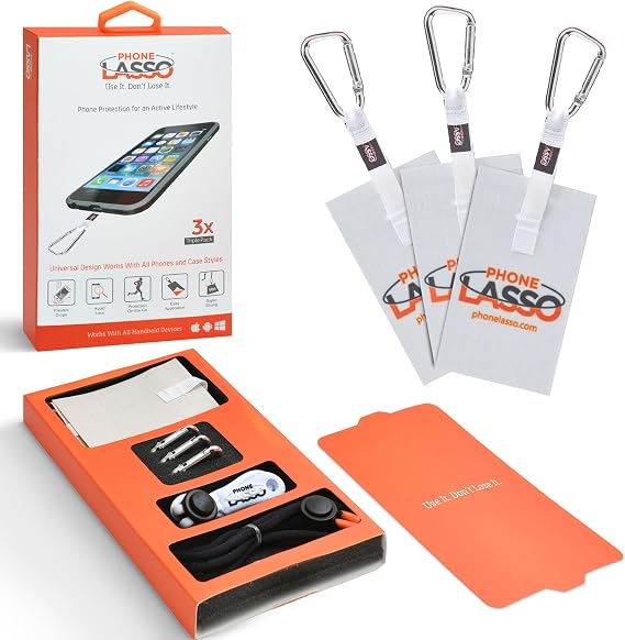 Phone Lasso Tether Set Adjustable Neck Strap & Wrist Strap with 2 Grip Patches, Fits Most Cases, Compatible with iPhone, Samsung, Android, Lightweight Hands-Free Phone Holder