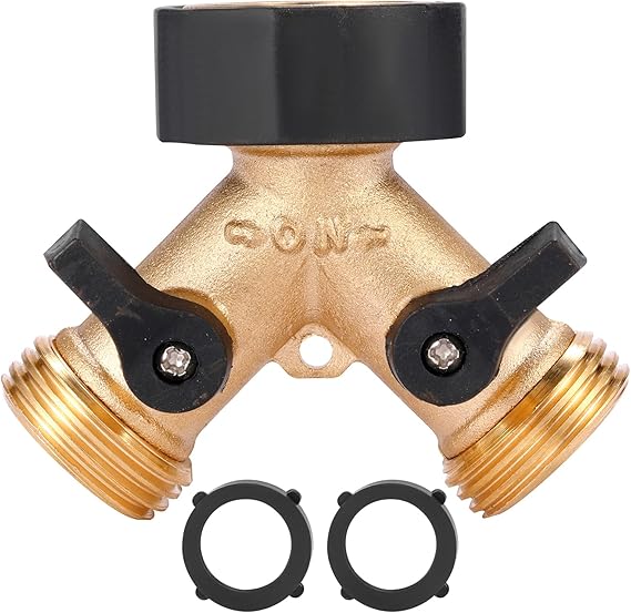Garden Hose Splitter 2 Way Heavy Duty, Y Connector Brass Garden Hose Adapter, Hose Bib Splitter with 2 Extra Rubber Washers