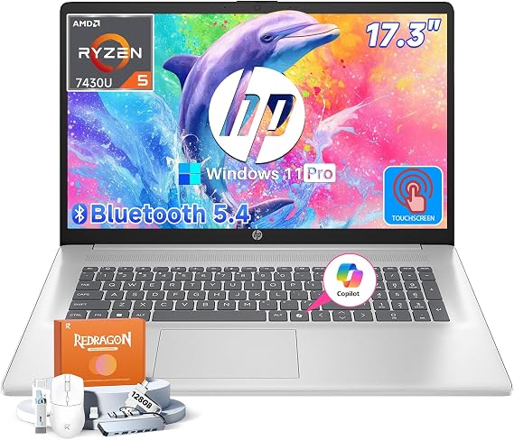 HP 17.3" Touchscreen Laptop, Windows 11 Pro, 32GB RAM, 1TB SSD, AMD Ryzen 5 7430U, 17 inch HD+ Anti-Glare Touch Screen, AMD Radeon Graphics, Copilot Key, Numeric Keypad, Fast Charge, w/Accessories