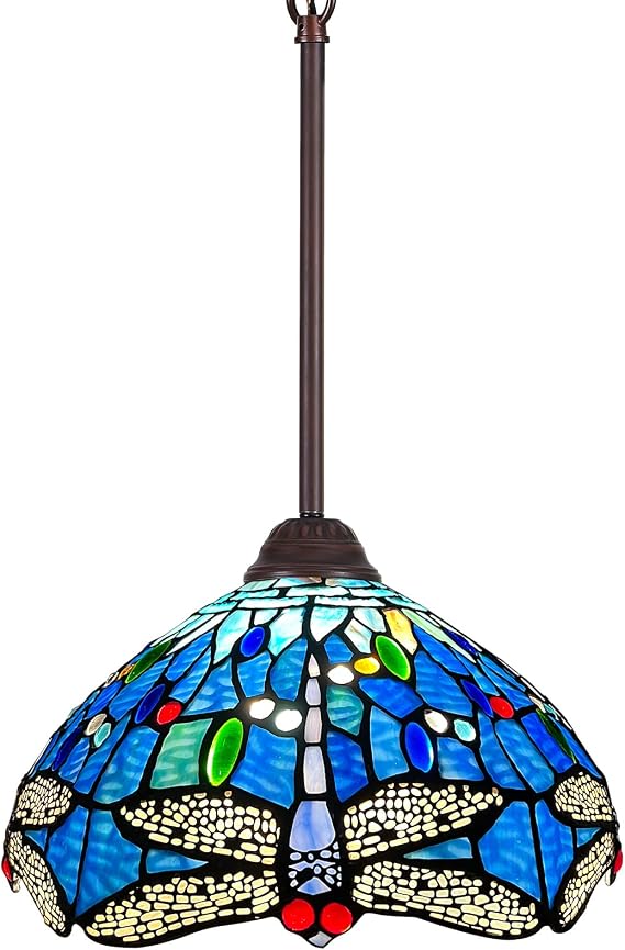Capulina Tiffany Lamp Blue Dragonfly Stained Glass Pendant Light 12" Wide