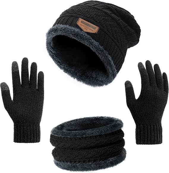Winter Beanie Hat Circle Scarf Touchscreen Gloves Set, Snow Knit Skull Cap, Warm Thick Fleece Lined Neck Warmer for Men Women