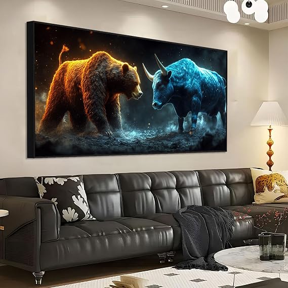 Bull & Bear Wall Art, Bull And Bear Canvas Wall Decor, Bull & Bear Poster, Bull Vs Bear Stock Market Canvas Print, Animal Wall Art, Wall Street Wall Art, Trading Wall Decor, Home Office Decor (Black Framed, 23"x12"|60x30cm)