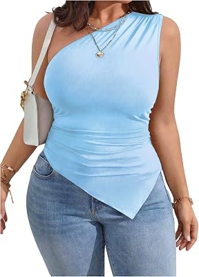 WDIRARA Womens Plus Size One Shoulder Tank Top Ruched Asymmetrical Sleeveless Tops