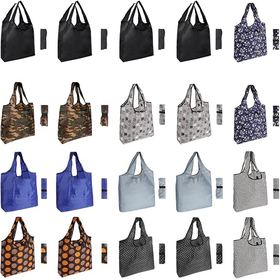Aricsen Durable Mixed Color Reusable Grocery Bags with Handles, 20 Pack | Polyster fabric cloth, Pocket Nylon Tote, Foldable, Xlarge, Durable, Machine Washable, for grocery, storage, gifts