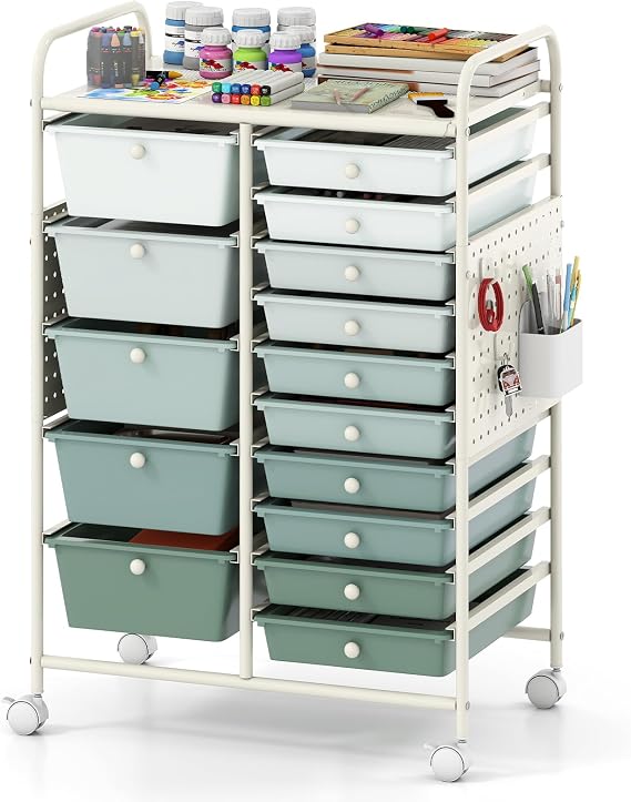 Giantex 15 Drawer Storage Cart, Rolling Craft Cart with Metal Tabletop & Pegboard, Mobile Utility Organizer Trolley with Locking Wheels, Home Office, Classroom, Teacher Supplies, Green Gradient