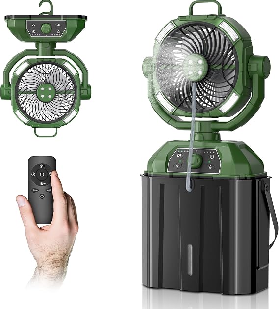Portable Misting Fan for Outdoor Patio, 20000mAh Rechargeable Battery Operated Camping Fan with 1.6 Gal Bucket, Strong Winds, 4 Large Spray Outlets, for Fishing/Travel/Garden Party/Golf/Tent, Green