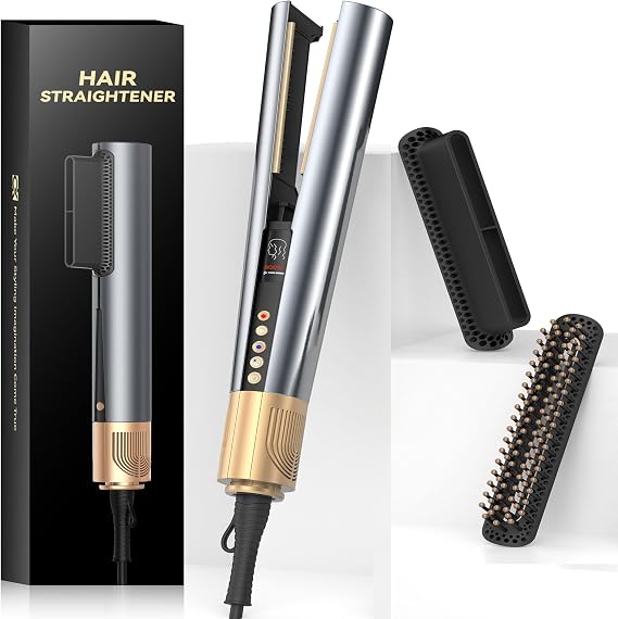 Hair Straightener 3 in 1 Wet to Dry High-Speed Airflow, Air Straightener Hair Dryer 2 Interchangeable Tool, No Heat Damage LCD Display Auto Shut-Off for All Hair Types