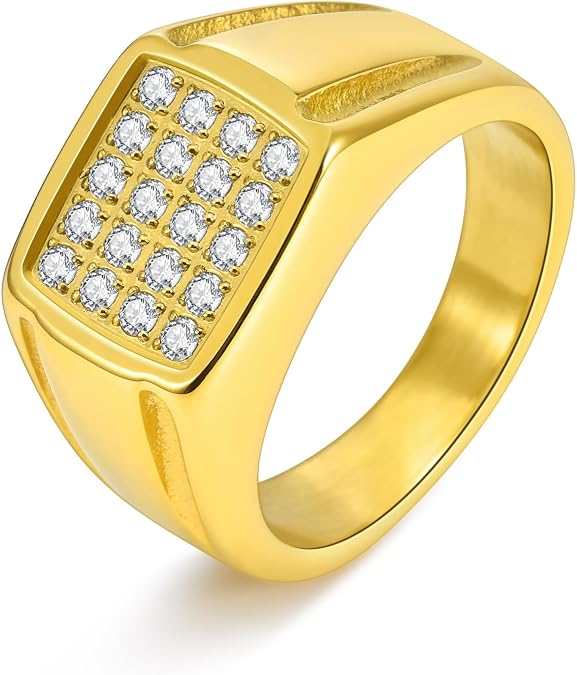 18K Gold Plated Men's Cubic Zirconia Ring with 20 CZ Stones - Hypoallergenic Stainless Steel Wedding Band, Comfort Fit Sizes 8-13 (Gold/Black/Silver), Jewelry Gifts for Him