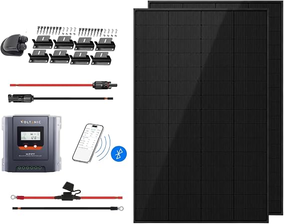 400W Solar Panel Kit | 2PC 200W All-Black Monocrystalline, MPPT Controller | Ideal for 12V/24V Off-Grid Systems in Motorhomes, Narrowboats, and Sheds | Includes Cables & Z-Brackets