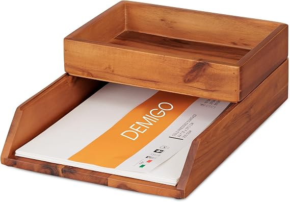 DEMIGO Desk Organizer Letter Tray Set of 2, Natural Acacia Wood Paper Tray | Wooden Tabletop Holder for Files, Folders, Notebooks & Documents, Workspace Stationery Storage Saver