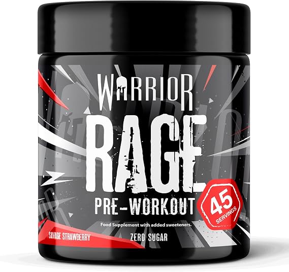 Warrior Rage Pre Workout Powder 392g High Strength Energy Supplement | Pre Workout Powder, 45 Servings, 300mg Caffeine, Beta-Alanine, Creatine & BCAA, Energy & Focus, On-the-Go (Savage Strawberry)