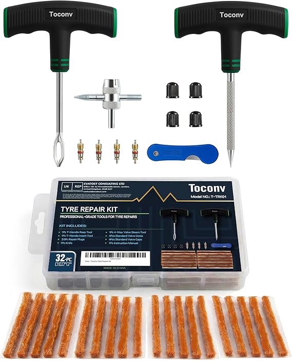 Tyre Repair Kit, 32pcs Compact Tyre Puncture Repair Kit with Rubber Plugs, Upgraded T-Handle, 4-Way Valve Tool, Flat Tyre Repair Tool for Cars, Motorcycles, Van, ATV, SUV