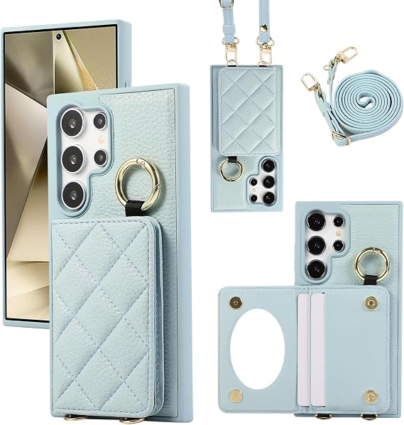 Wallet for Samsung Galaxy S25 Ultra Case with Adjustable Lanyard Strap Credit Card Holder PU Leather Handbag Purse Kickstand Make Up Mirror Cover Case,Blue