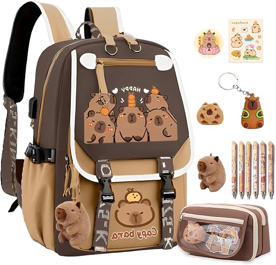 Waterproof Capybara Backpack,Large-capacity Kawaii capybara bag with 11-Piece Accessories (Badges, Pendants, Plush capybara, Stickers and others)