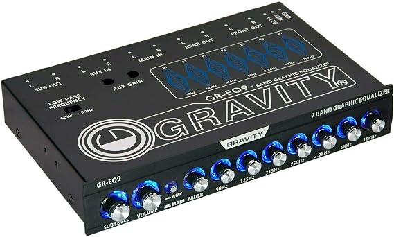 Gravity EQ9 1/2 DIN 7-Band Car Audio Equalizer - 7V RMS RCA Front/Rear/Sub Outputs, Auxiliary Input, 11-15V Negative-Ground Vehicle Audio EQ