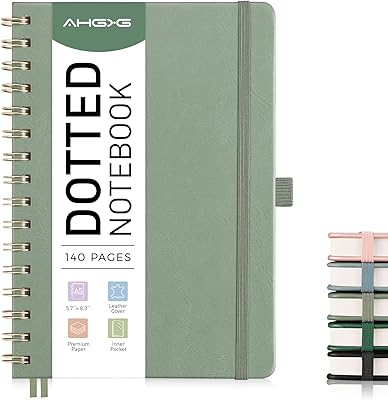 AHGXG Dotted Journal Spiral Notebook, Hardcover Leather Dotted Notebook 140 Pages, A5 Dot Grid Paper Notebook, 100 gsm Thick Paper, for Dotted Journaling, 5.7 x 8.3, Light Green
