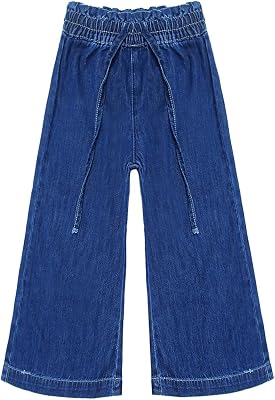 KIDSCOOL SPACE Girls Thin Denim Pants, Wide-Leg Ribbed Elastic Waistband Jeans