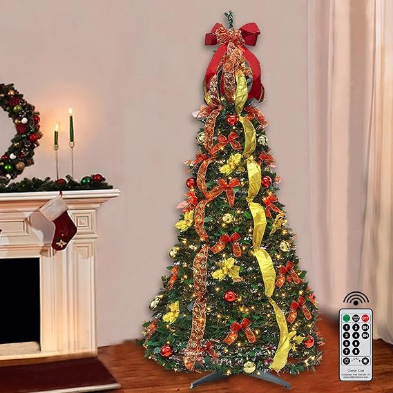 6FT Prelit Pop Up Artificial Christmas Tree Pull with Lights, Decorations, Remote - Red, Gold Ornaments, Bows, Ribbons