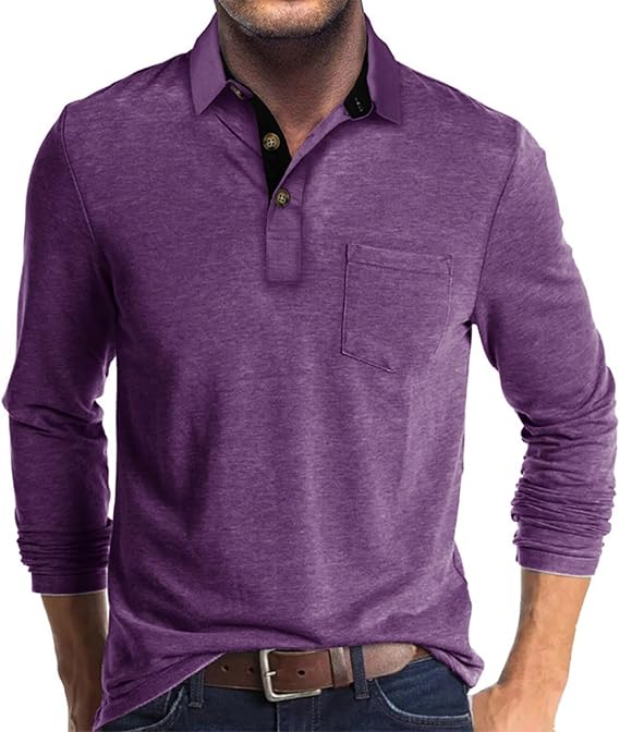 Men's Casual Polo Shirts Classic Button Basic Long Sleeve Shirt Solid Color Cotton Tees Stylish Tops Purple