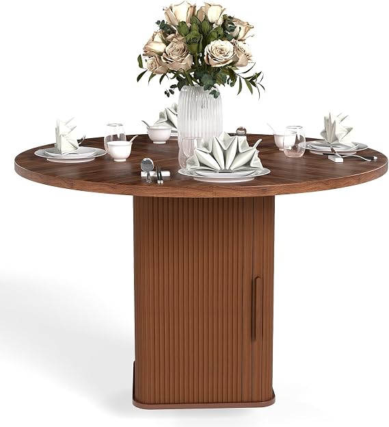 Festnight Small Round Dining Table for 4, Farmhouse Kitchen Table with Storage, Mid Century Modern Dining Table for Small Spaces, Breakfast Circle Dining Room Table with Wooden Sliding Door, 47.2"