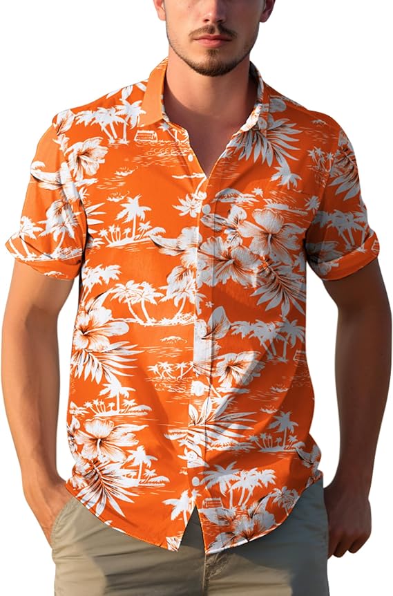 Yoimira Mens Hawaiian Shirts Short Sleeve Orange Floral Button Down Shirt | Tropical Floral Print, Sizes M-3XL and Big Tall 2XL-6XL, Ideal for Beach Vacations, Cruises, Resort Wear and Summer Parties