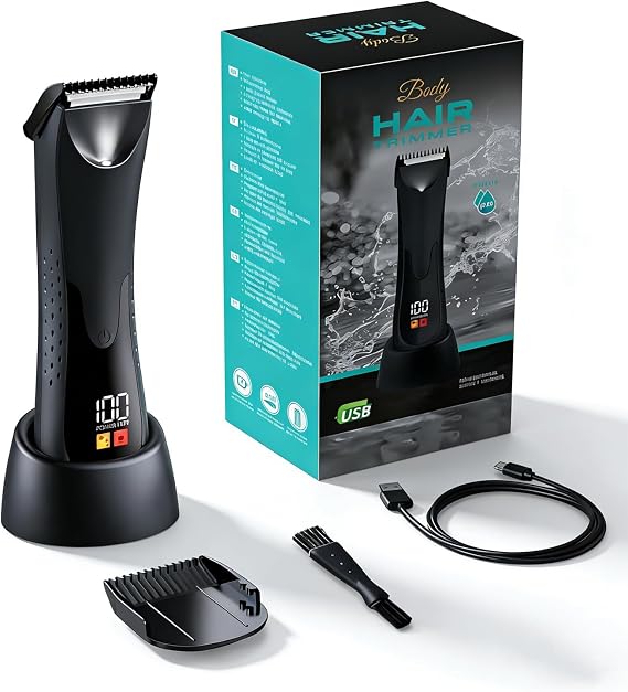 Body Trimmer Men - Waterproof Pubic Hair Trimmer for Men with Ceramic Blade Heads, Ball Shaver for Private Parts, LED Light & Display, Body Shavers Groomer