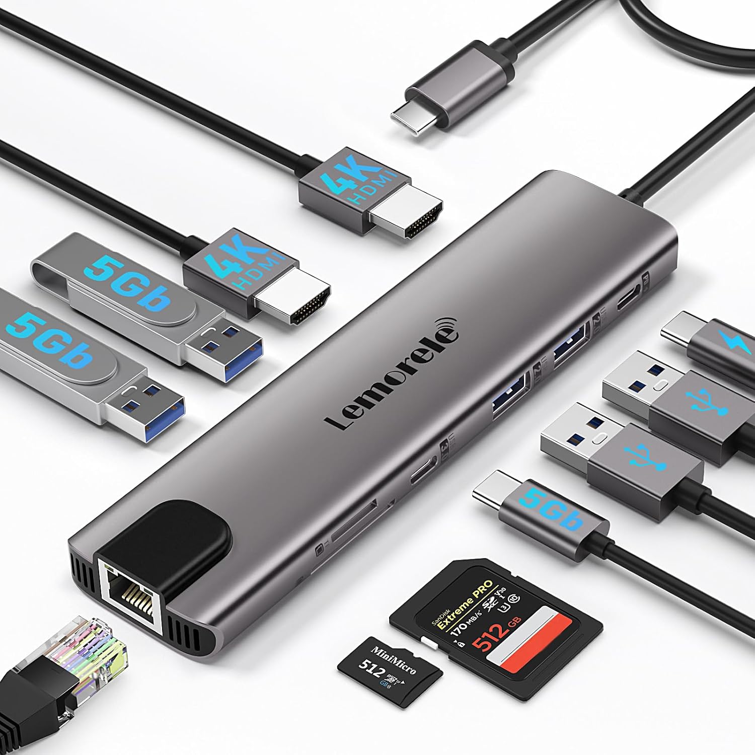 Lemorele Aluminium USB C Laptop Docking Station Dual Monitor 11 in 1 Hub Adapter w 2 HDMI 4K, 100W PD, Gigabit Ethernet, SDTF, 4 USB3.0USB2.0, USB C 3.0, for Dell HP Lenovo Surface Typc C Laptop