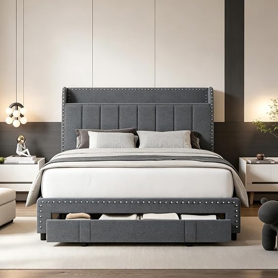 Double Bed Frame with Storage Drawer, Linen Upholstered Bed, Grey
