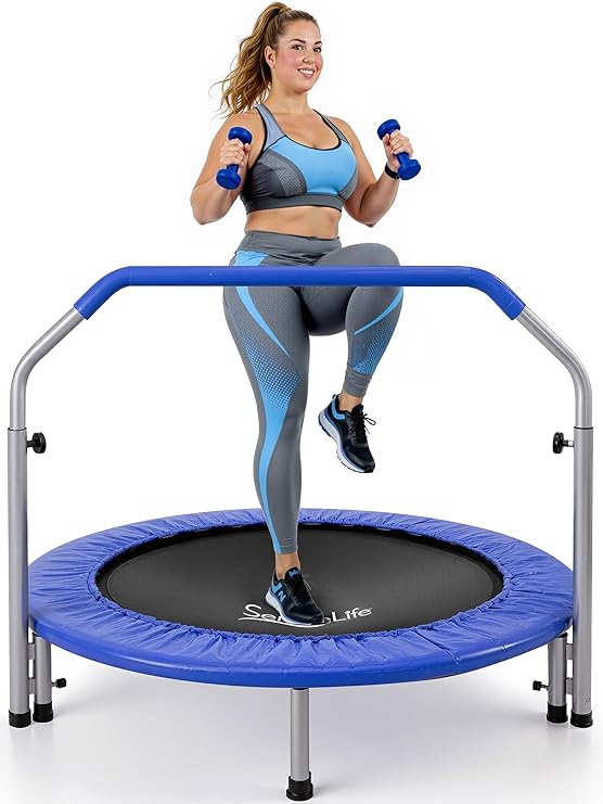 SereneLife 40" Foldable Mini Trampoline for Adults - Compact Fitness Rebounder with Adjustable Foam Handle, Exercise Trampoline with Max Load 330lbs, Indoor/Garden Whole-Body Workout