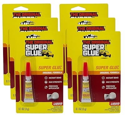 Super Glue Original Formula, 0.1 OZ - Clear Glue for Plastic, Wood, Ceramic Glue Repair - Heavy Duty, Strong Adhesive - Multipurpose Super Glue for Rubber, Shoes and More, 6 Packs