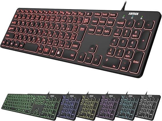 Arteck USB Wired Wired Keyboard with 7-Color Backlight, Brightness Change, Full Size, 6ft Approx. 1.8 Meters Cord, with Number Pad, Compatible with Computer, Desktop, PC, Laptop, Windows 11/10/8/7