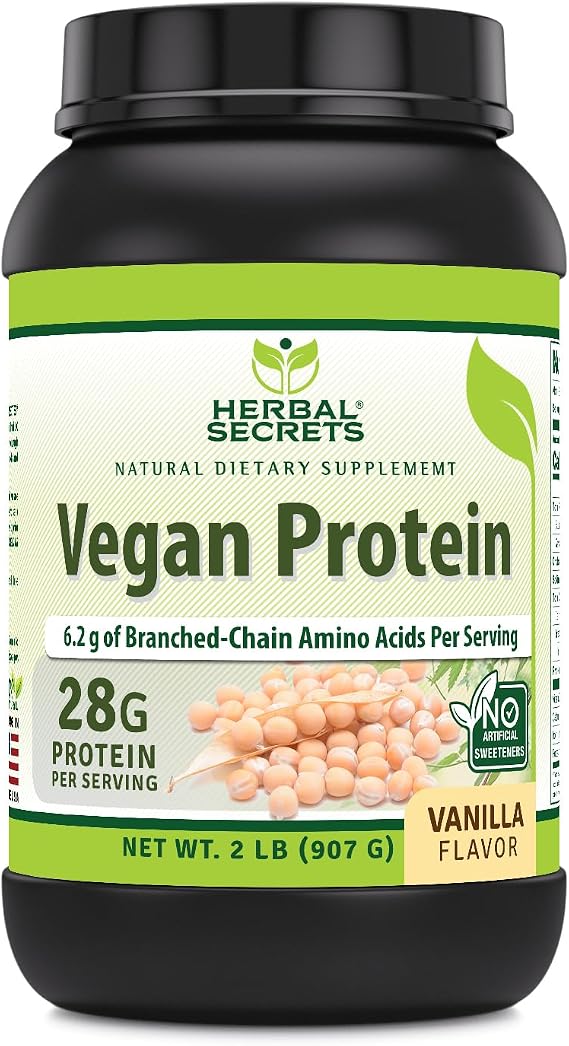 Herbal Secrets Vegan Protein | 28 Grams Protein | 23 Servings | 6.2 Grams BCAA Supplement | Made in USA (2 Lb, Vanilla)
