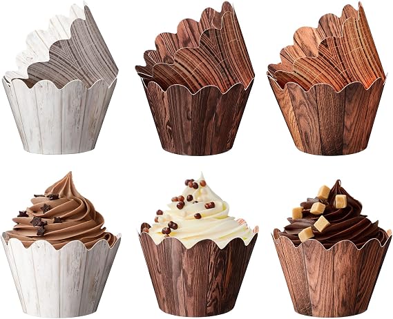 Sabary 120 Pcs Woodland Cupcake Wrappers Wood Grain Rustic Party