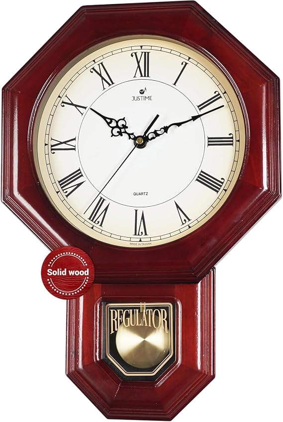JUSTIME 18" Schoolhouse Solid Wood Pendulum Wall Clock, Westminster Chime