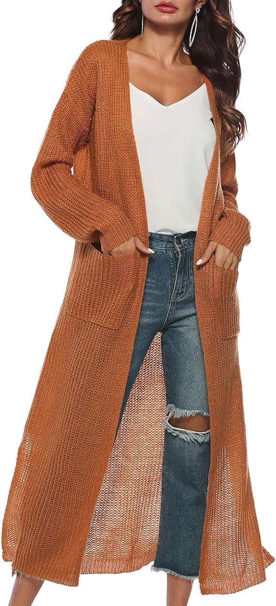 Womens Casual Long Sleeve Split Open Cardigan Knit Long Cardigan Sweaters with Pockets Fall Fashion 2024