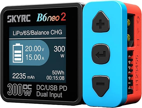 SKYRC B6 Neo2: Balance Lipo Battery Charger for 1S-6S Lipo/Li-Ion/LiHV, 1-15S NiMH/NiCd - DC 300W, PD 80W, Smart Battery Charger, Discharger and Storage (Blue-Red)
