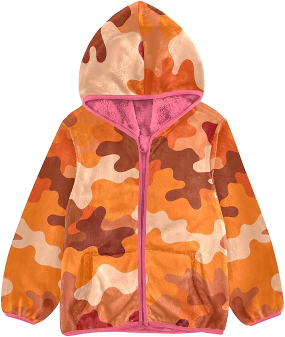 Orange Camouflage Toddler Fleece Zip Up Children Plush Coat