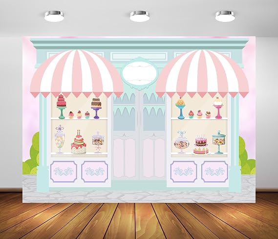 BELECO 7x5ft Fabric Sweet Shoppe Backdrop Dessert Parlor Sweet Candy Shop Window Photo Background Kids Birthday Baby Shower Donut Ice Cream Cake Table Decor Photoshoot Studio Props
